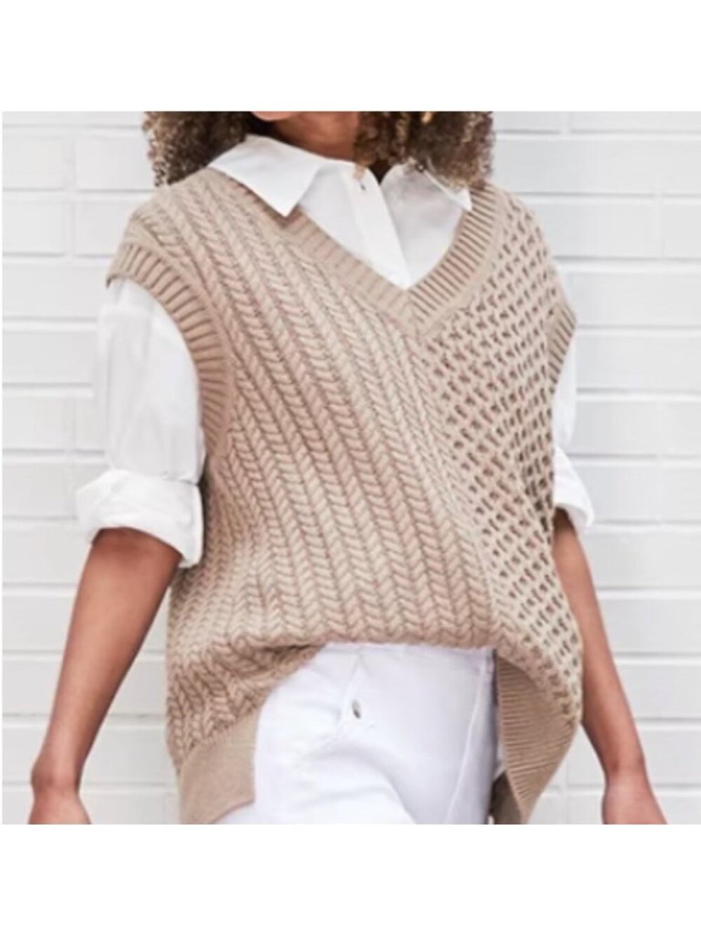 L'Academie Revolve Sweater Vest Medium Oversized Beige Knit V Neck Sleeveless